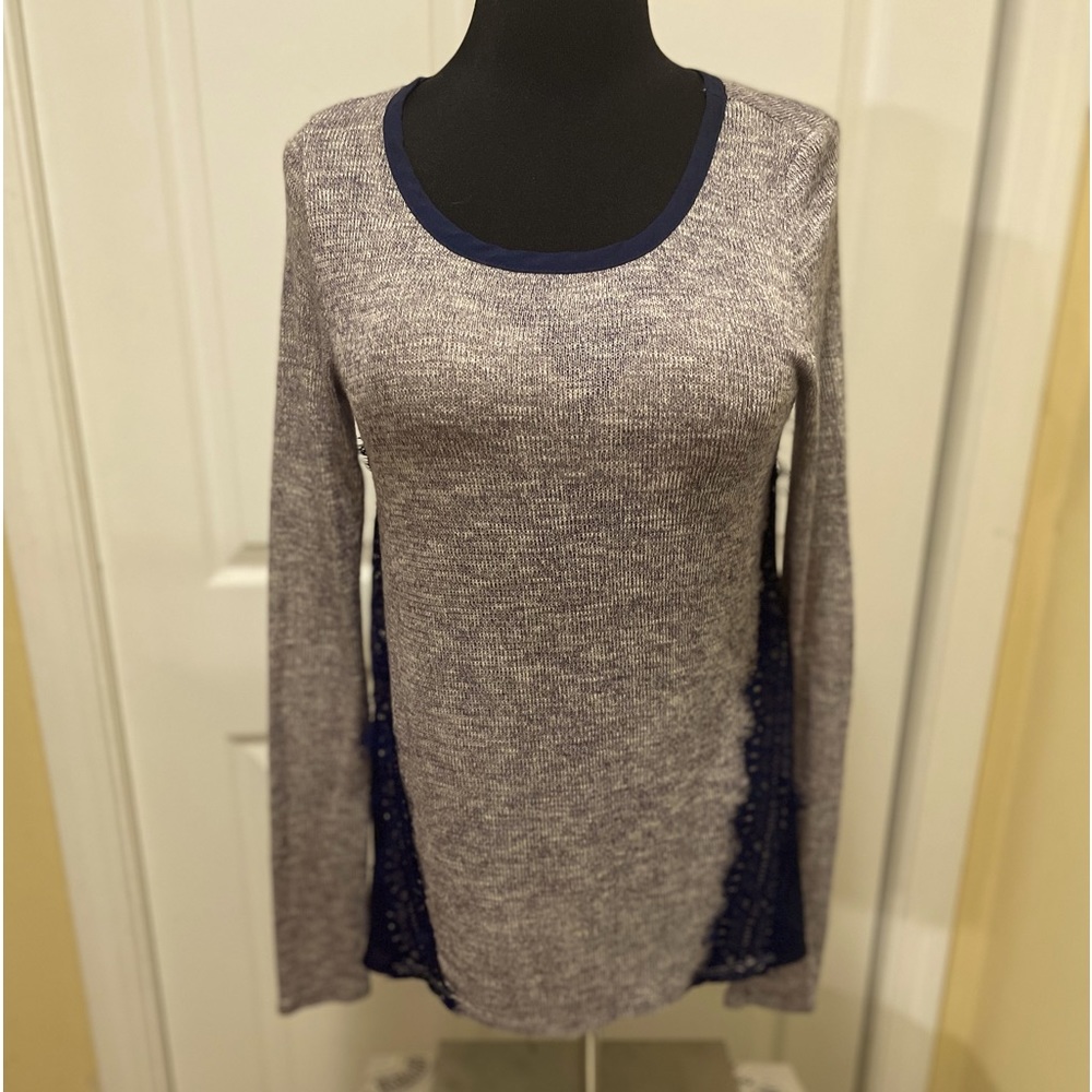Three Pink Hearts Sweater gray and navy size XS sheer back w/lace trim